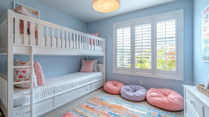 A cozy children's bedroom featuring a bunk bed, colorful pillows, and light blue walls for a cheerful atmosphere.