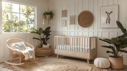 A cozy nursery featuring a crib, plants, and natural light through a window, creating a warm atmosphere.