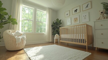 A bright and modern nursery featuring a crib, plush toys, and natural light streaming through large windows.