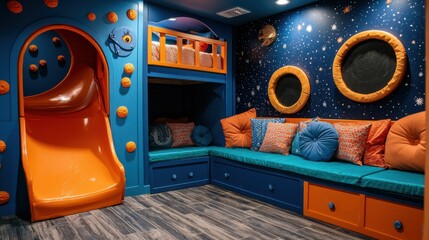 A vibrant children's playroom featuring a slide, cozy seating, and celestial-themed decor with a playful color scheme.