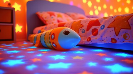 A colorful children's bedroom with star-themed decor and a plush rocket toy on the floor, illuminated by vibrant lights.