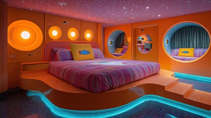 A vibrant bedroom with round windows and a starry ceiling, featuring bright orange walls and playful decor.