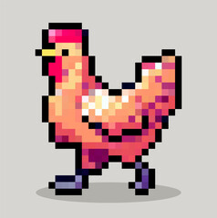 Pixel art of chicken character, vector.