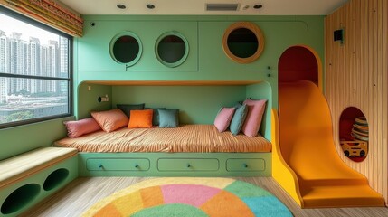 Bright and colorful children's room with a slide and circular windows, showcasing a cozy seating area and playful design elements.