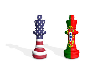 Chess made from USA and Portugal flags. Trade, duty, customs and tariffs war