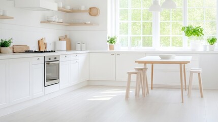 Fototapeta premium Modern kitchen interior with white cabinetry and stainless steel oven, large window with natural light, wooden dining table with stools, and minimalist design.