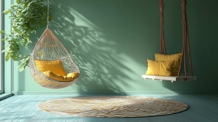 A cozy modern interior featuring a hanging chair and swings with vibrant yellow pillows against a green wall.