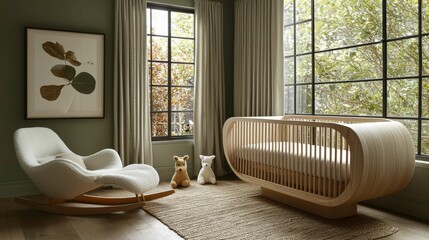 A modern nursery featuring a wooden crib and comfortable chair, adorned with natural light and soft textures.