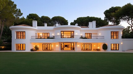 Elegant white mansion at twilight. Lush green lawn
