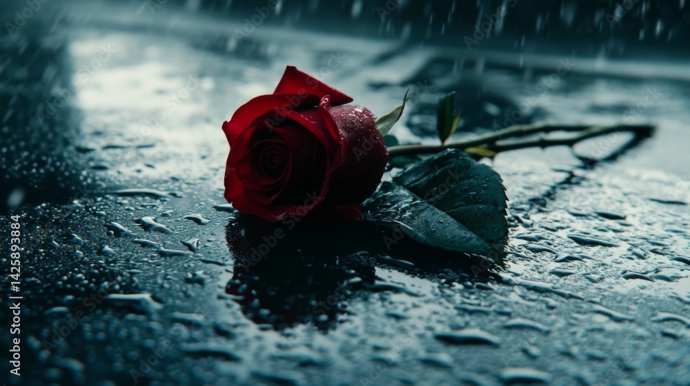 Aufkleber a red rose lying on a wet glass surface with water droplets reflecting light, creating a dramatic an