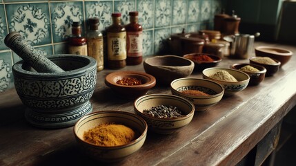 A modern kitchen with only a mortar and pestle in use, surrounded by traditional spices in handmade bowls. 