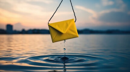 Creative phishing email trap concept highlighting cybersecurity awareness through a dangling envelope over water