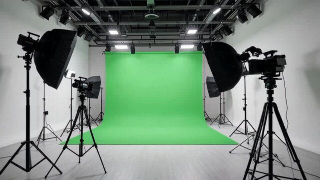 Professional green screen studio setup with photography lights and camera gear 4k videos