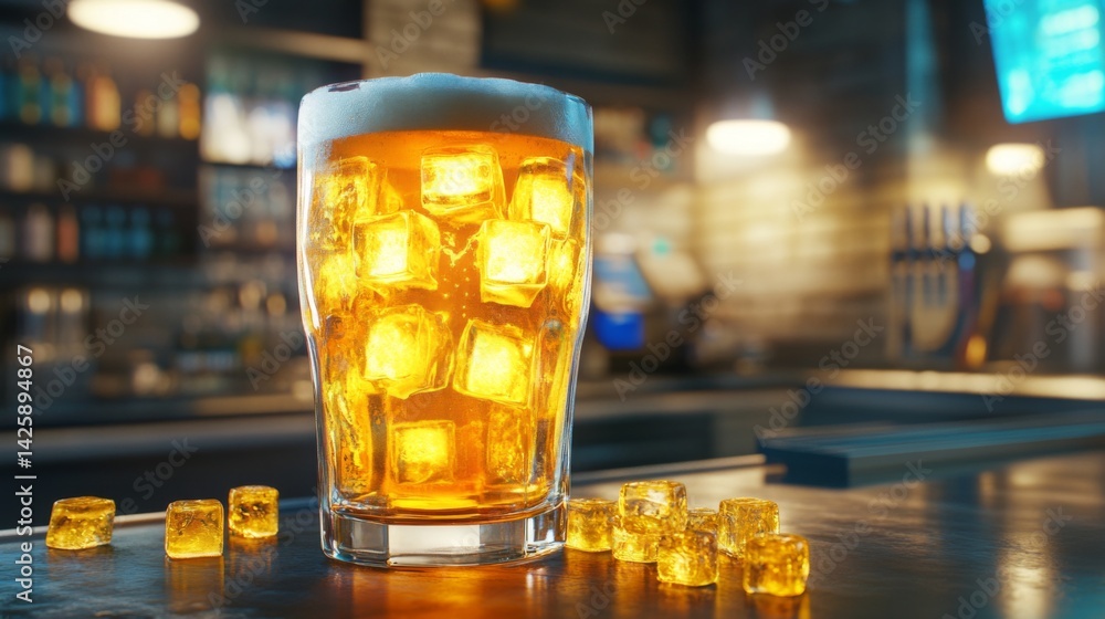 Poster A refreshing glass of beer filled with ice cubes, set on a bar counter with soft reflections, creating a cool and crisp look with a touch of ambient light