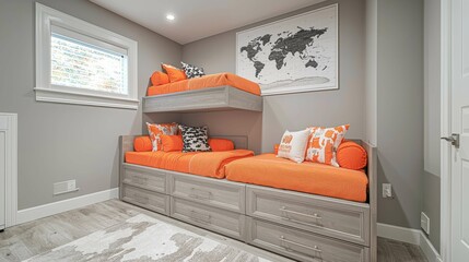 A modern bedroom with bunk beds featuring orange cushions and a world map artwork on the wall.