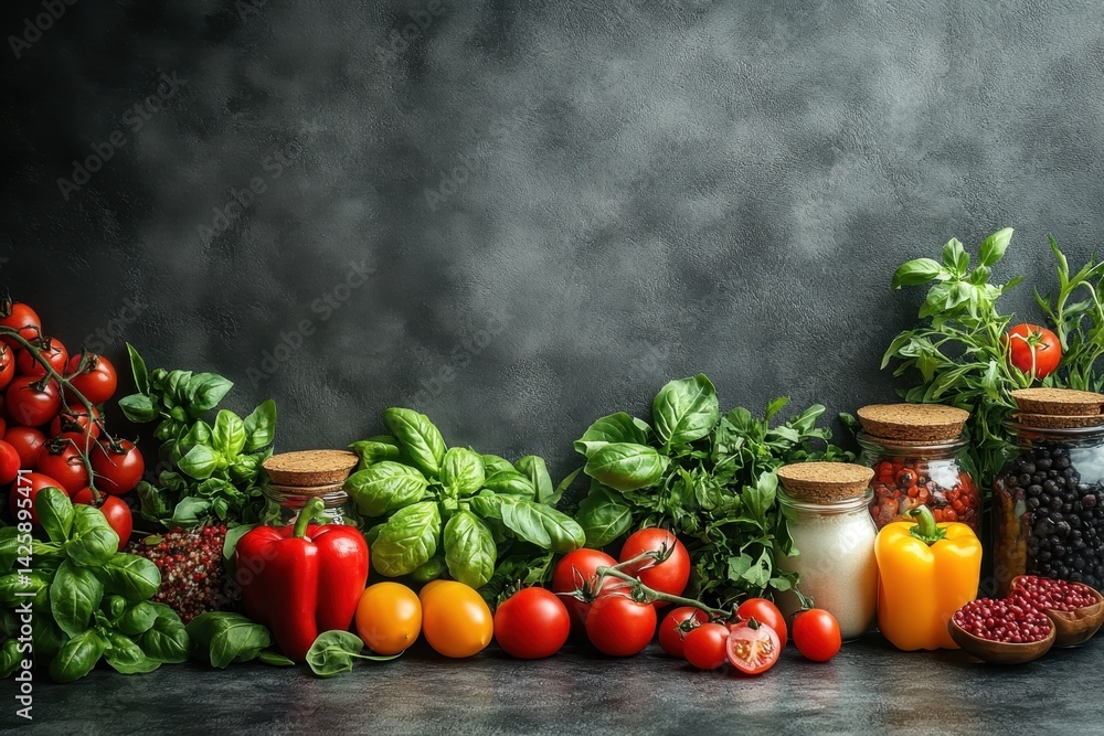 Poster fresh vegetables and herbs arranged on a table with jars in a rustic kitchen setting