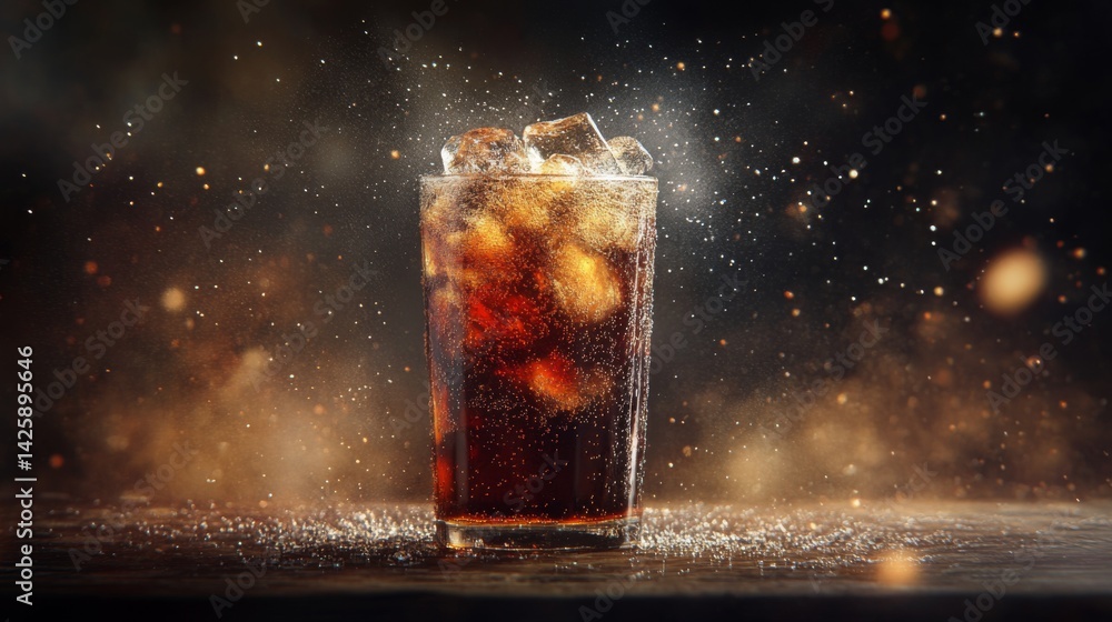 Poster A refreshing shot of a cold soda with ice cubes, the liquid fizzing and sparkling, placed on a rustic wooden table with soft, diffused lighting