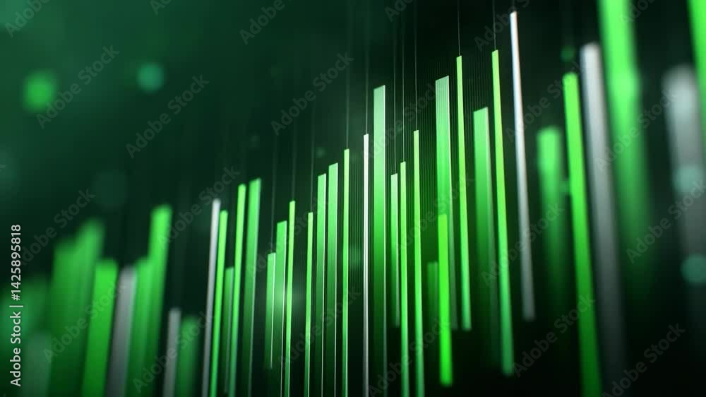 Poster glowing green vertical bars pulsing on dark background, abstract digital animation of audio waves – 