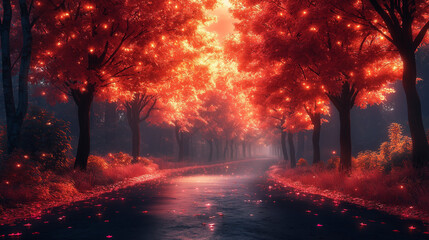 Enchanting Forest Road: A mystical forest road with vibrant orange trees creating a tunnel-like canopy. The scene is illuminated by soft lighting, setting a magical mood. 