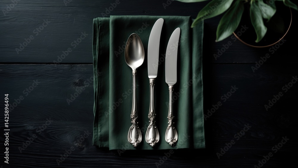 Poster elegant table setting with cutlery and napkin from above, space for text