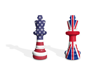 Chess made from USA and UK flags. Trade, duty, customs and tariffs war