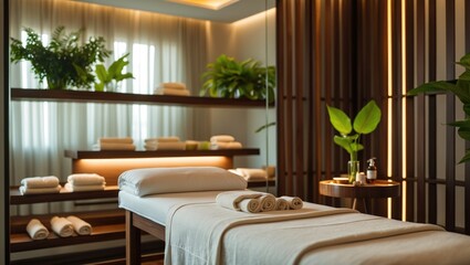 Fototapeta premium Luxury wellness center featuring a contemporary massage room