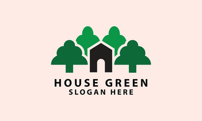 Green tree house logo in negative space