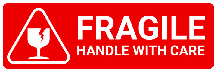 sticker fragile handle with care, red fragile warning label with broken glass symbol, this side up sign, keep dry, do not trample and avoid liquid sign.
