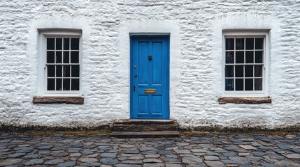 Fototapeta premium Blue door between two windows on a white stone building facade.