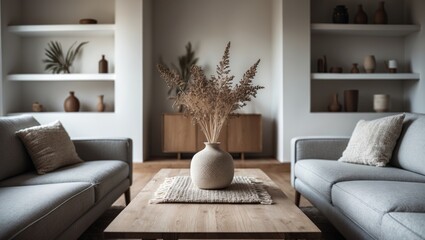 Obraz premium Chic living room interior featuring cozy sofas and decorative shelves