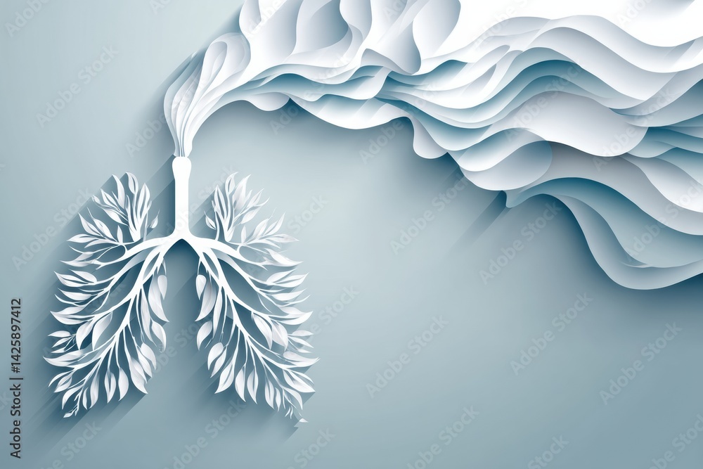 Poster paper-cut style lungs transform into smoke, illustrating health consequences of air pollution and sm