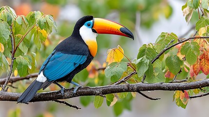 Fototapeta premium Vibrant Toucan in a Sunbeam Among Lush Green Leaves
