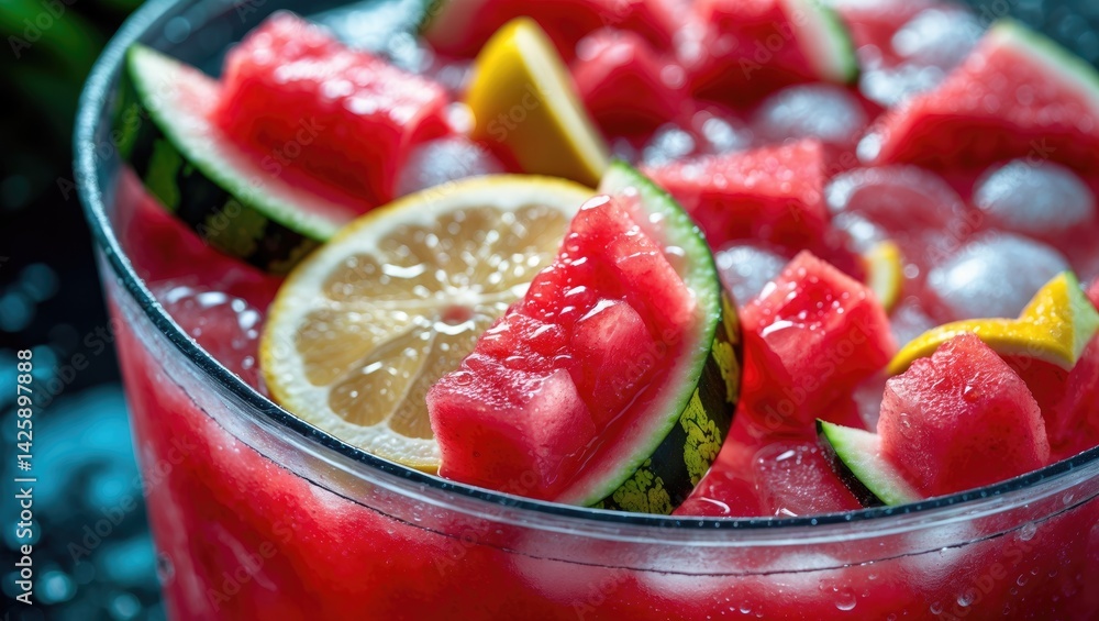 Poster large container filled with strawberry watermelon lemonade and ice