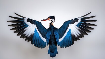Stork-billed kingfisher with wings displayed against a white background