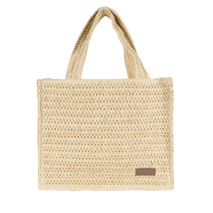Front side of light beige straw women straw bag isolated on transparent background. Cut Out bag png...
