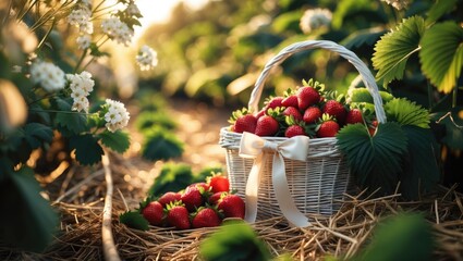 Juicy organic strawberries in a white basket at a fruit farm's strawberry field