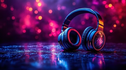 Stylish headphones in vibrant lighting