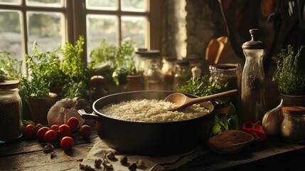 A rustic kitchen scene with a wooden spoon resting in a pot of risotto, surrounded by fresh vegetables, herbs, and spices, showcasing the ingredients used for a homemade meal.