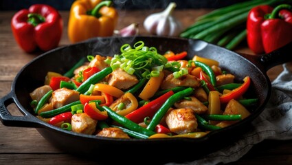Vegetable stir fry with chicken and peppers in a wok