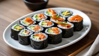 Delicious Salmon Avocado Sushi Rolls on White Plate Close Up View