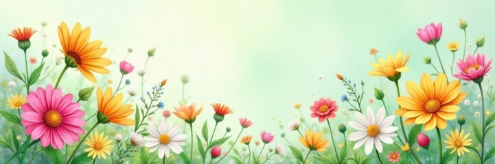 Watercolor floral pattern featuring vibrant daisies and wildflowers against a soft green background, floral, daisies