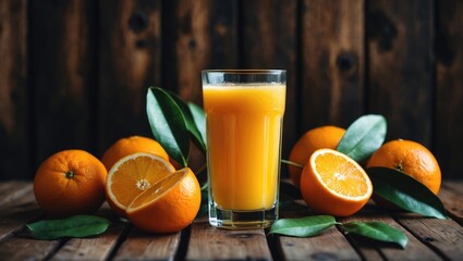 Fresh Orange Juice in a Glass on Wooden Table with Empty Background