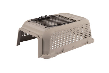 Blue plastic pet carrier with ventilation slats and an open wire door, portable travel crate for cats, small dogs, and small pets, isolated on white background.