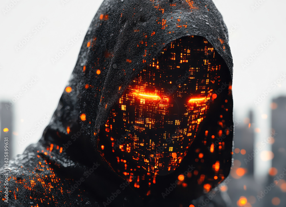 Poster image of a digital hack entity with glowing circuitry on a white background