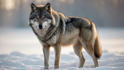Obraz premium Isolated European gray wolf standing in winter snow against a white background