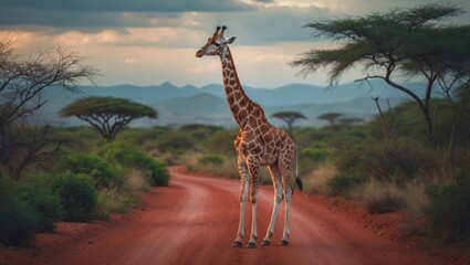 A solitary giraffe on a red dirt road within a national park, encircled by dense greenery and far-off mountains, embodying the spirit of African wilderness.