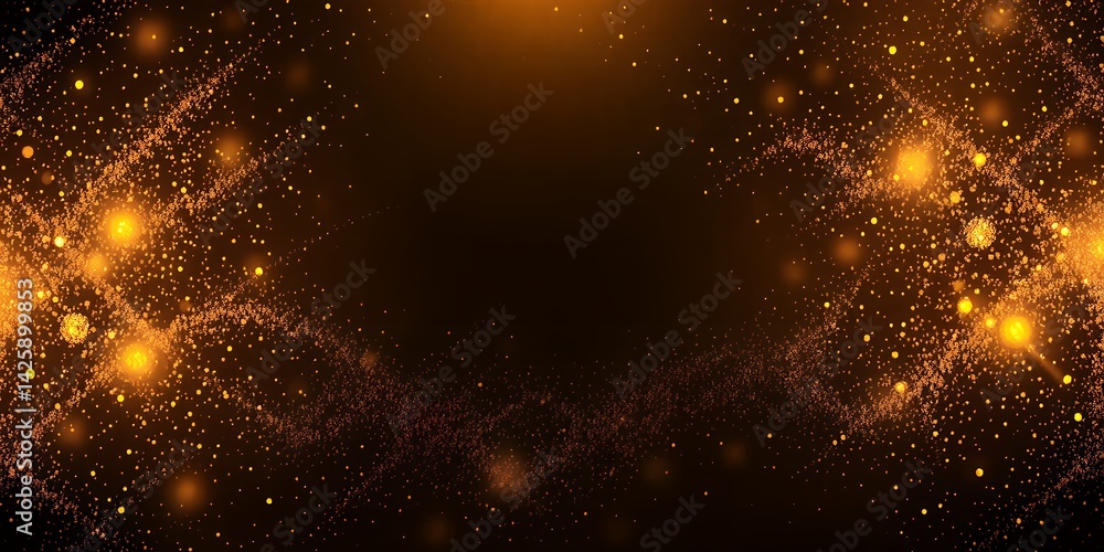 Poster abstract background with golden particles and bokeh lights on a dark brown gradient backdrop