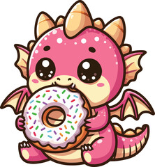 Cute Chibi Dragon Eating Donut Doughnut Character Cartoon Illustration