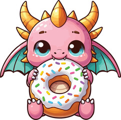 Cute Chibi Dragon Eating Donut Doughnut Character Cartoon Illustration