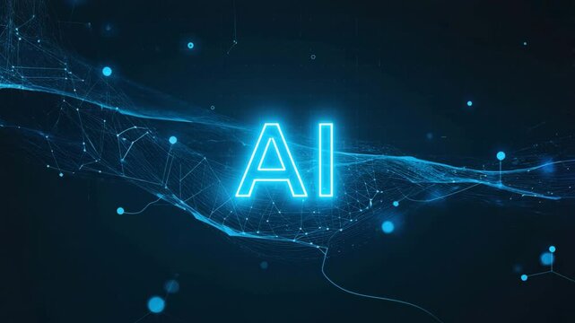 Glowing AI letters on dark blue technology background, digital connections visualized with network nodes and data lines